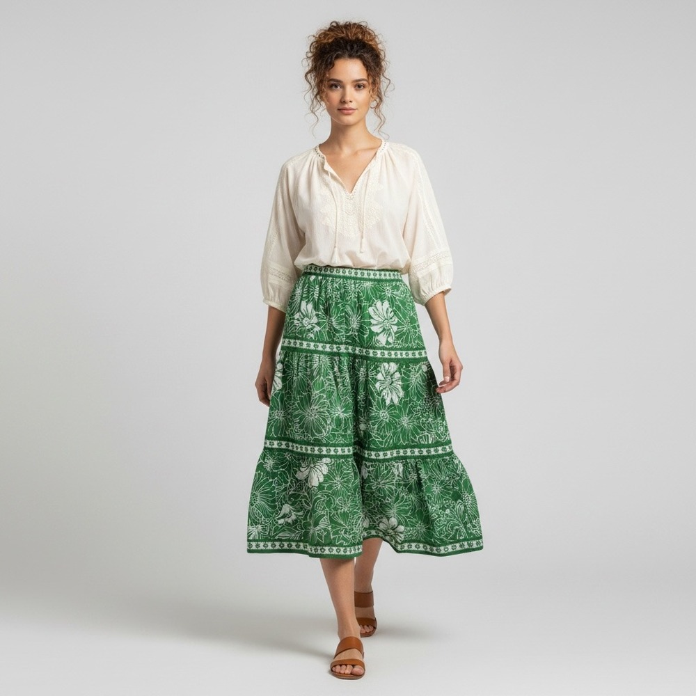 Japna Green White Floral Cotton Tiered Maxi Skirt Boho Cottagecore Peasant L